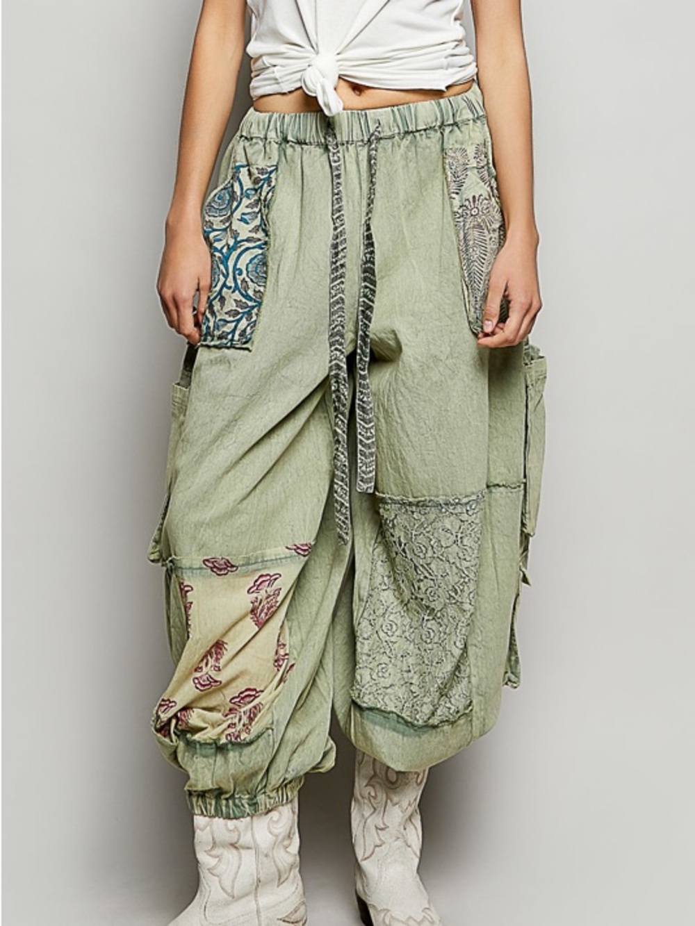 New POL Boho Patchwork Cargo Pants in Sage Green